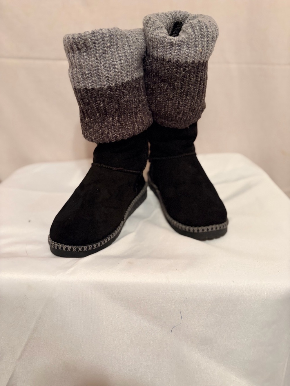 MUK LUKS Women's Jackie Boots featuring a black faux suede foot & sweater cuff
